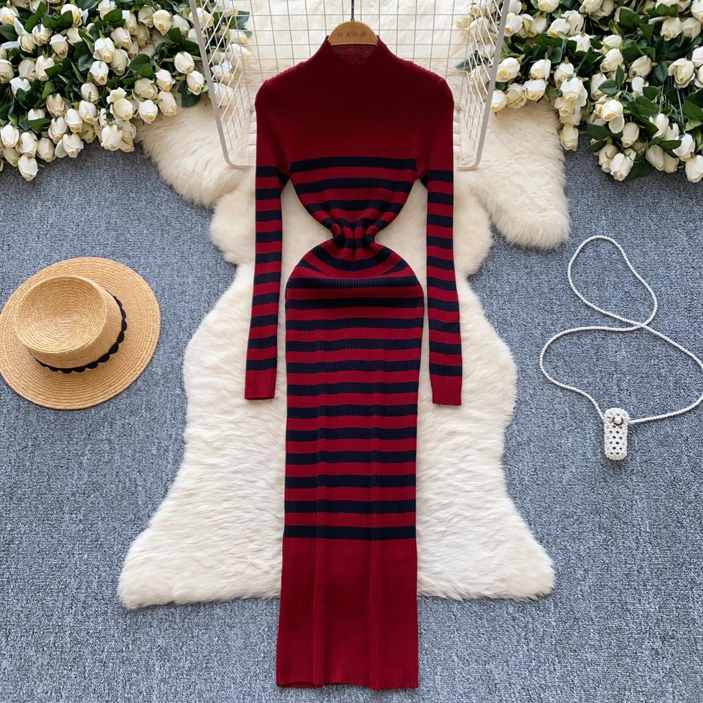 Rochii pulover femei cu gât înalt toamna 2024 sexy slim fit rochie tricotată tricotată cu dungi cu culoare blocată, îmbrăcăminte de stradă Rochii șic