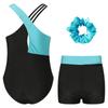 Girls Gymnastics Outfit Set Sleeveless Rhinestone Leotard with Matching Shorts and Hair Accessory