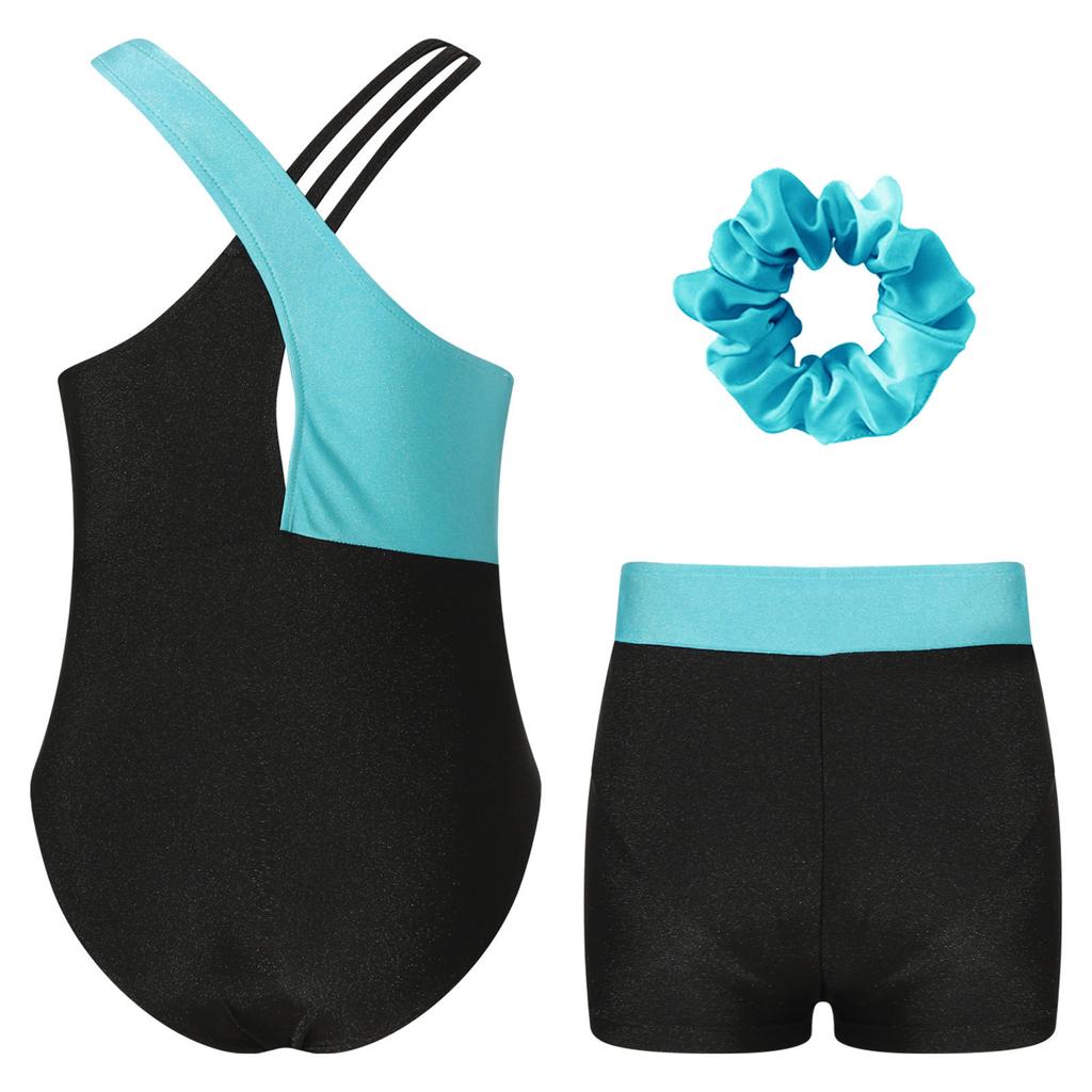 Girls Gymnastics Outfit Set Sleeveless Rhinestone Leotard with Matching Shorts and Hair Accessory