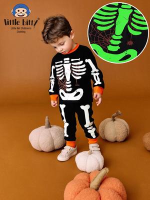 2025 Høst/Vinter Halloween Lysende Trykk Pyjamassett for Små og Mellomstore Barn