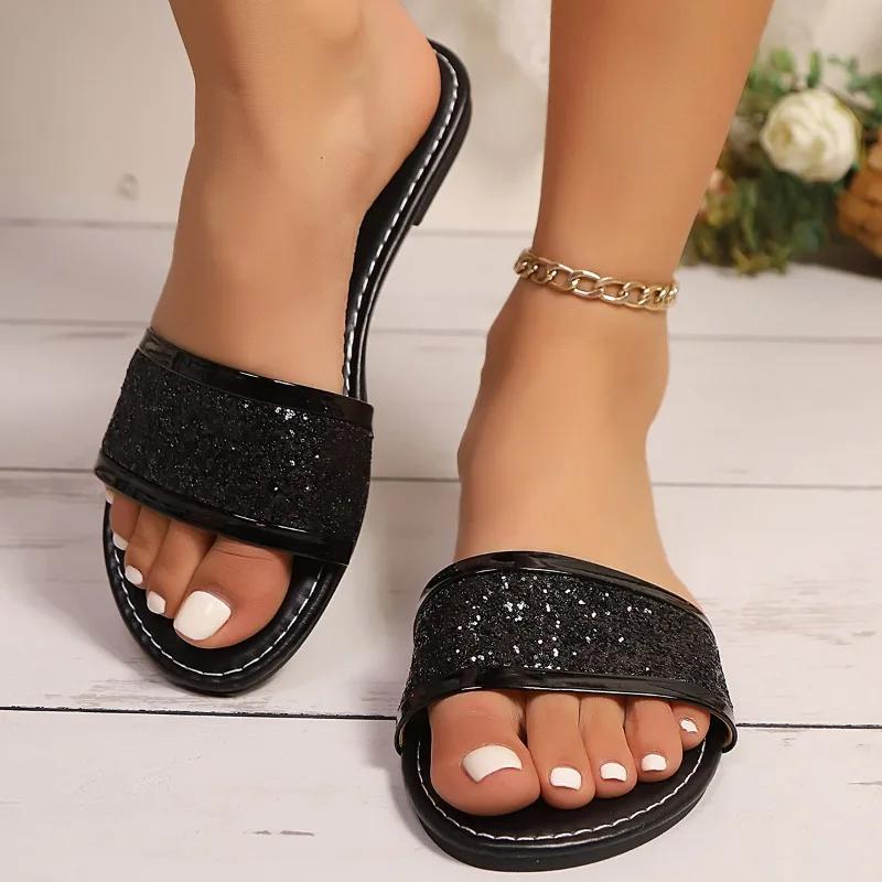 2025 New Ladies Shoes Basic Women's Slippers Sequins Daily Slippers Women Summer Open Toe Plus Size Flat Slipperszapatos