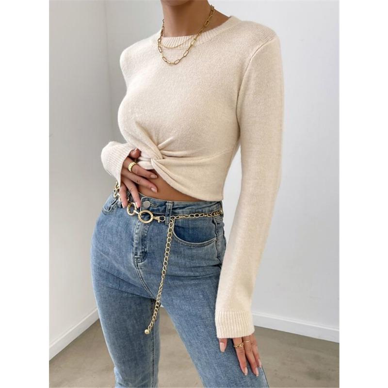 Women Slim Fit Cross Design Round Neck Long Sleeve Knit Sweater
