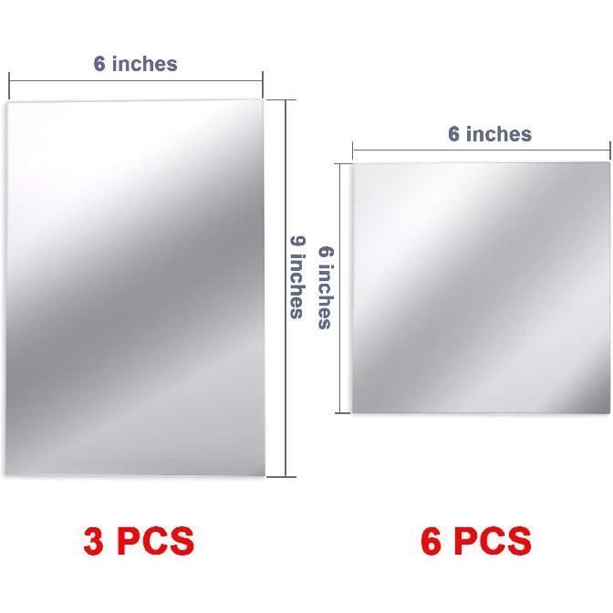 BBTO 9 Pieces Adhesive Craft Mirrors 6 x 9 Inches, 6 x 6 Inches Acrylic Mirror Tiles Small Rectangular Stick on Flexible Self Adhesive Non Glass