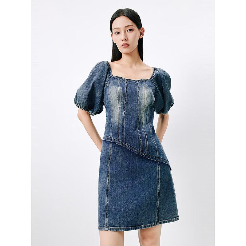 Peacebird Women's Square Neck Washed Denim Mini Dress