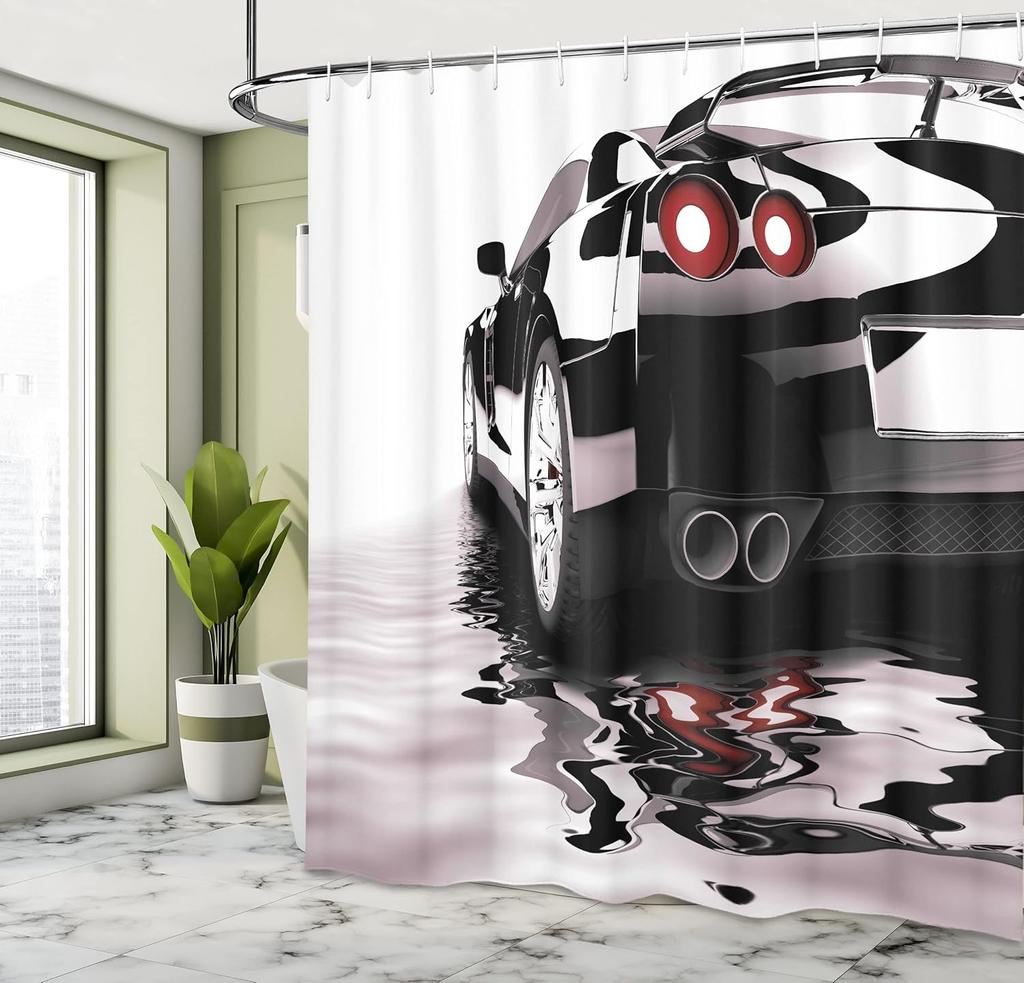 Cars Shower Curtain, Modern Dark Car Water Reflection Prestige Fast Engine Performance Lifestyle, Cloth Fabric Bathroo