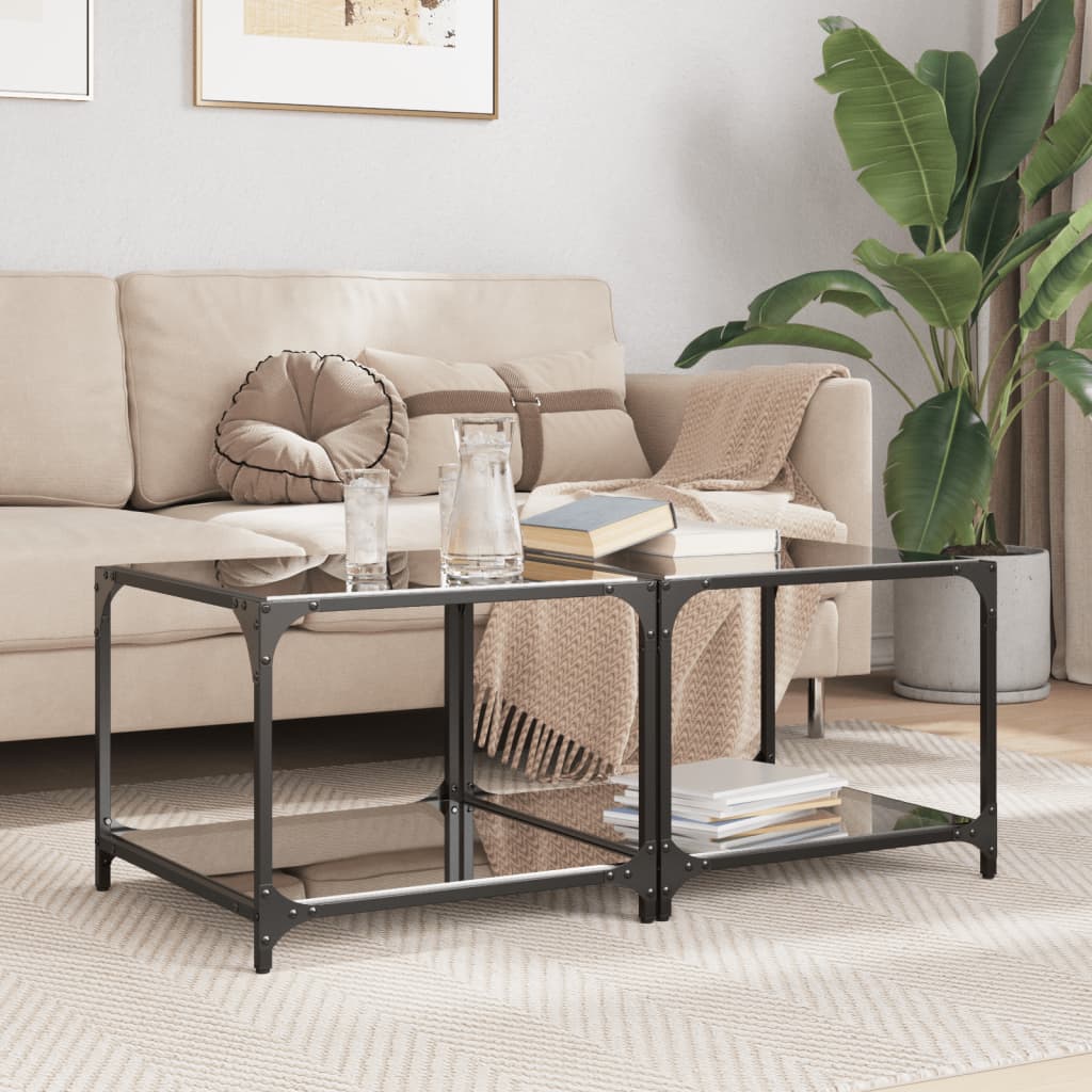 Coffee Tables with Glass Top 2 pcs Black 50x50x40 cm Steel