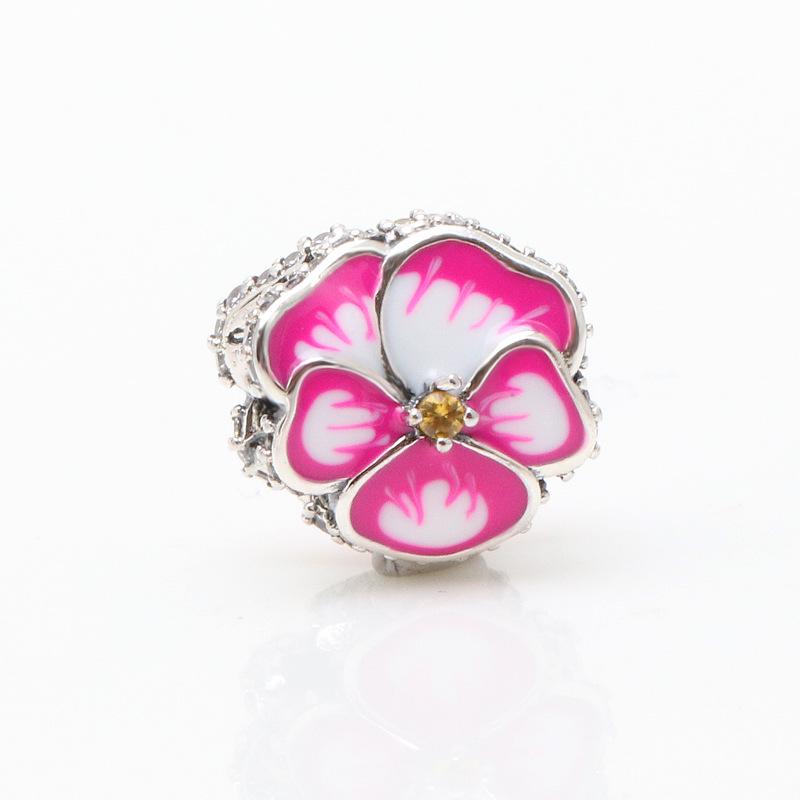 Silver-Plated Pink Pansy Blue Flower Beaded Charm - Fashion Gift for Women