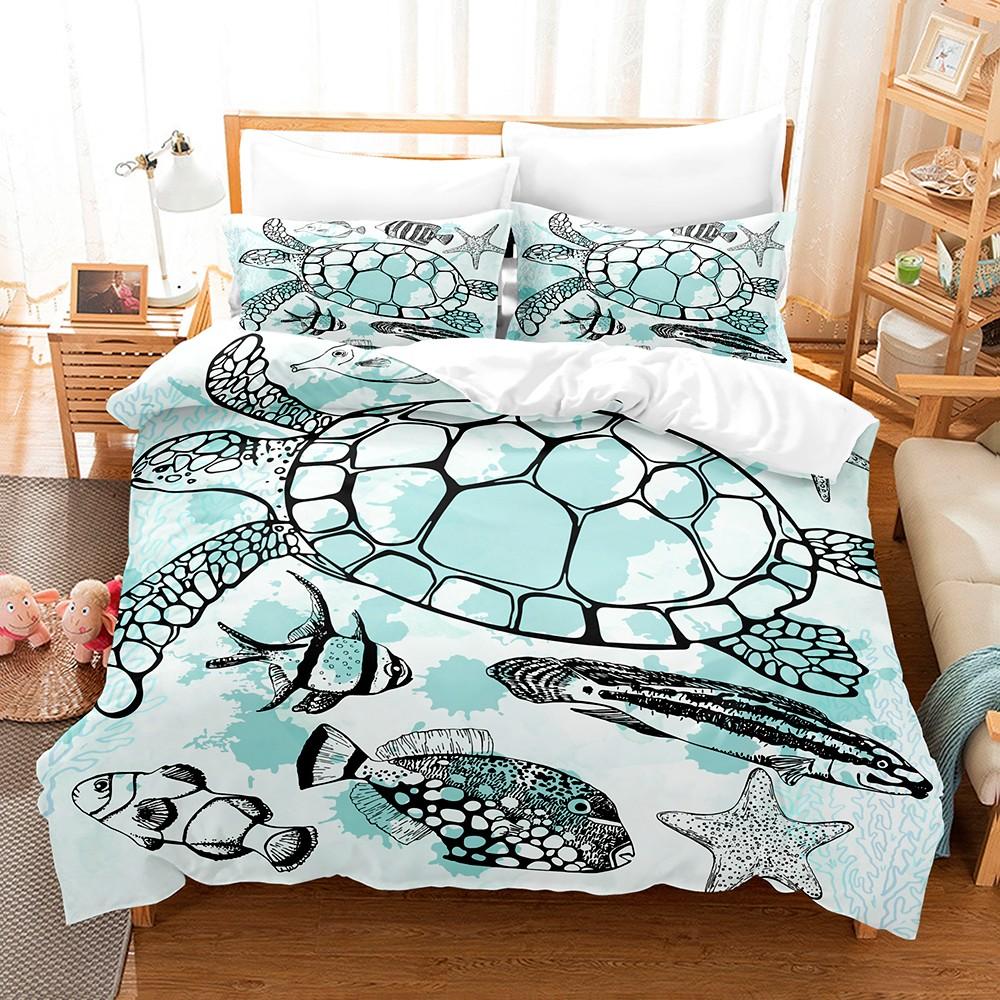 Blue Sea Turtle Print Bedding Set 3PCS Full Queen King Size Summer Travel Soft Microfiber for Kids Boys Girls Room Decor