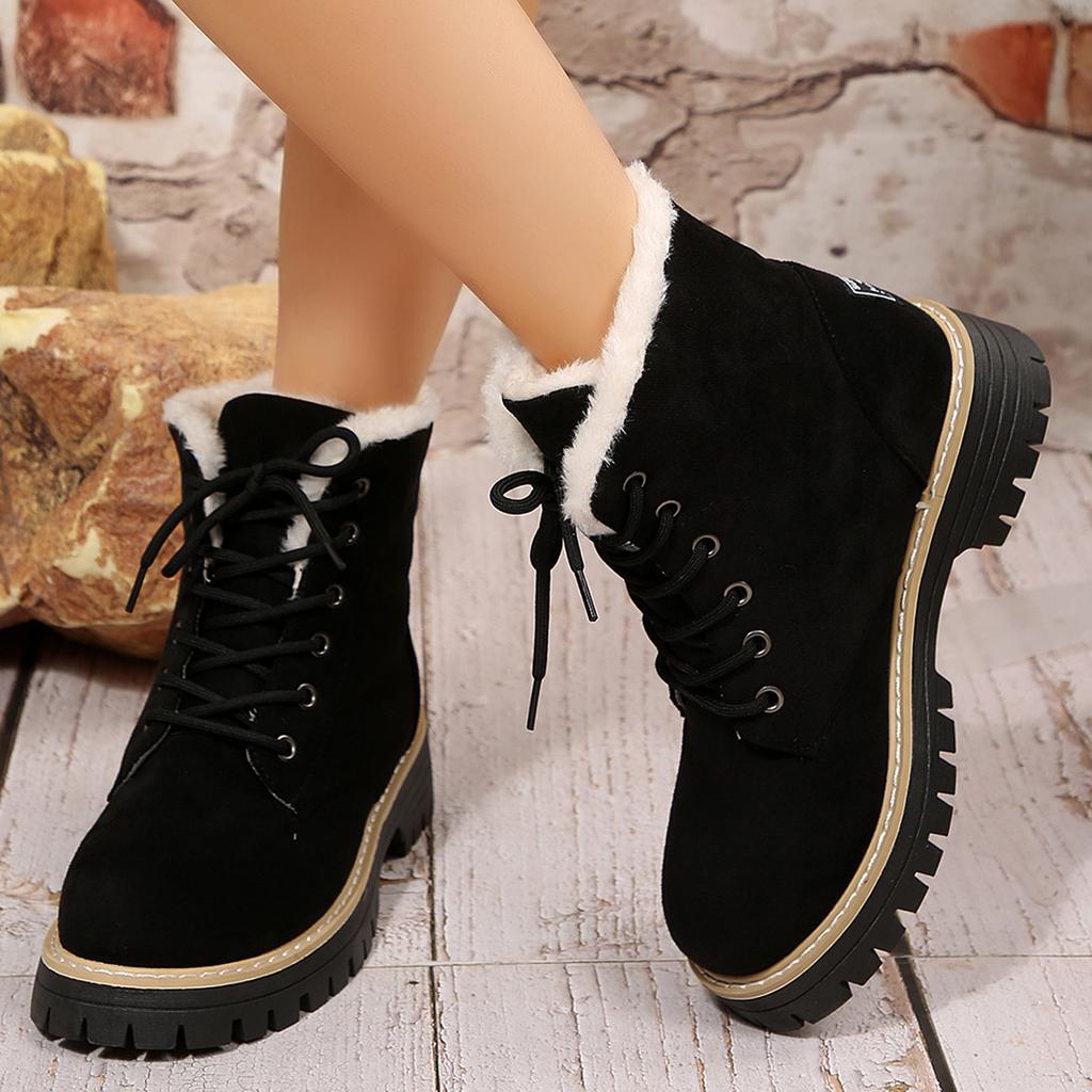 Women Warm Plush Lining Winter Ankle Boots High Top Thick Bottom Snow Boots Woman Plus Size 43 Lace Up Platform Cotton Shoes
