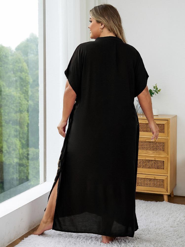 EDOLYNSA Schwarzer Damen-Kaftan mit goldener Stickerei, Hauskleid, lockeres Urlaubsparty-langes Kleid, Übergröße, Lounge-Kleidung Q1545