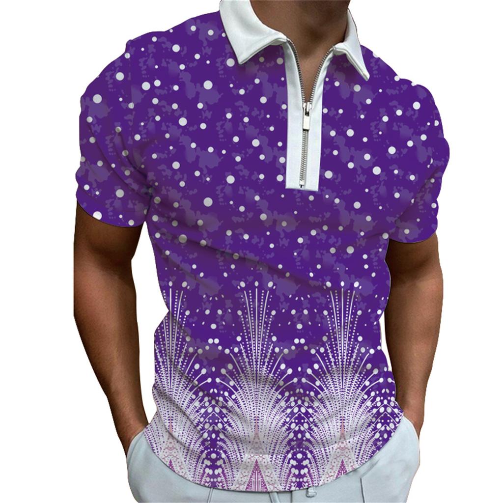 Men's fashion personalized short sleeve zipper POLO shirt men's printed lapel POLO shirt T-shirt