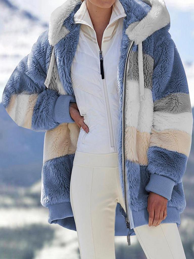 European & American Women's Loose Plush Spliced Hooded Cardigan - Casual Autumn/Winter Coat