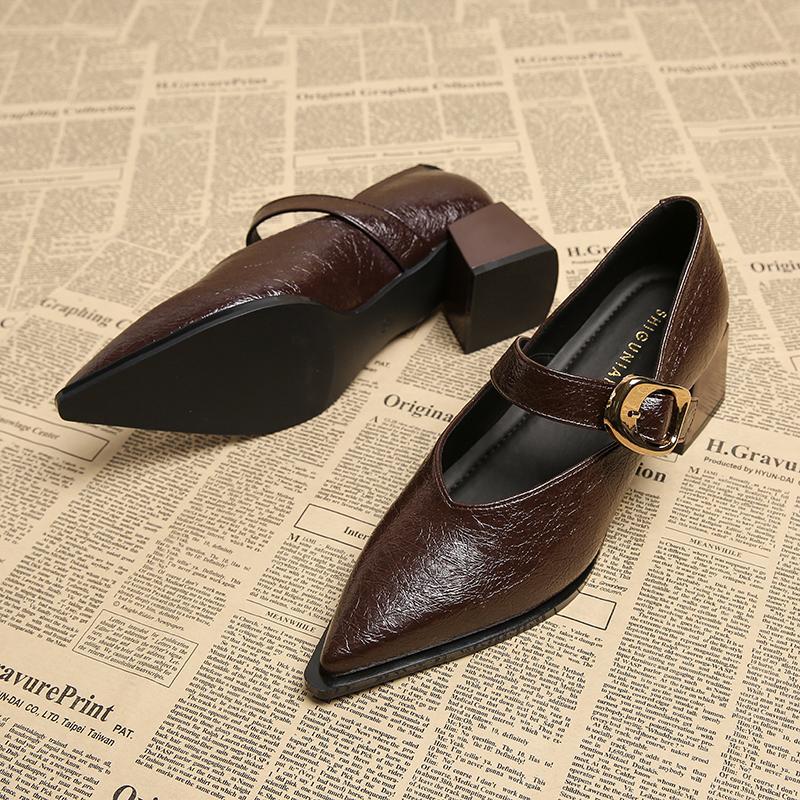 83656-2 women's shoes 2025 spring and summer new shallow mouth leather shoes pointed Mary Jane high heel retro single shoes
