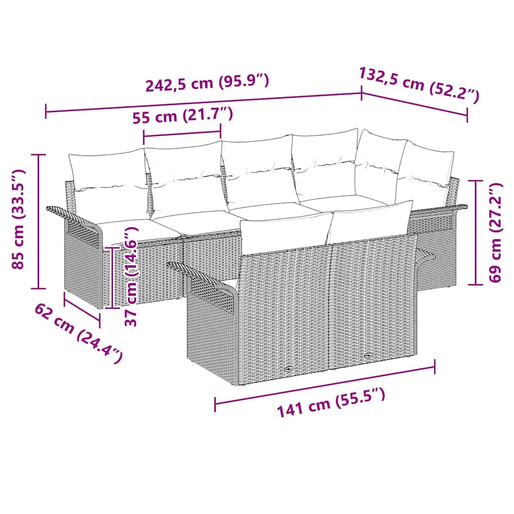 Garden Sofa Set with Cushions 7 Pcs Beige Poly Rattan