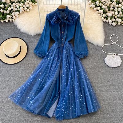 Dünnes Reifendesign Weißer Ausschnitt Spitze Spitze Gaze Patchwork Hochwertig und Schlank Saum Kleid