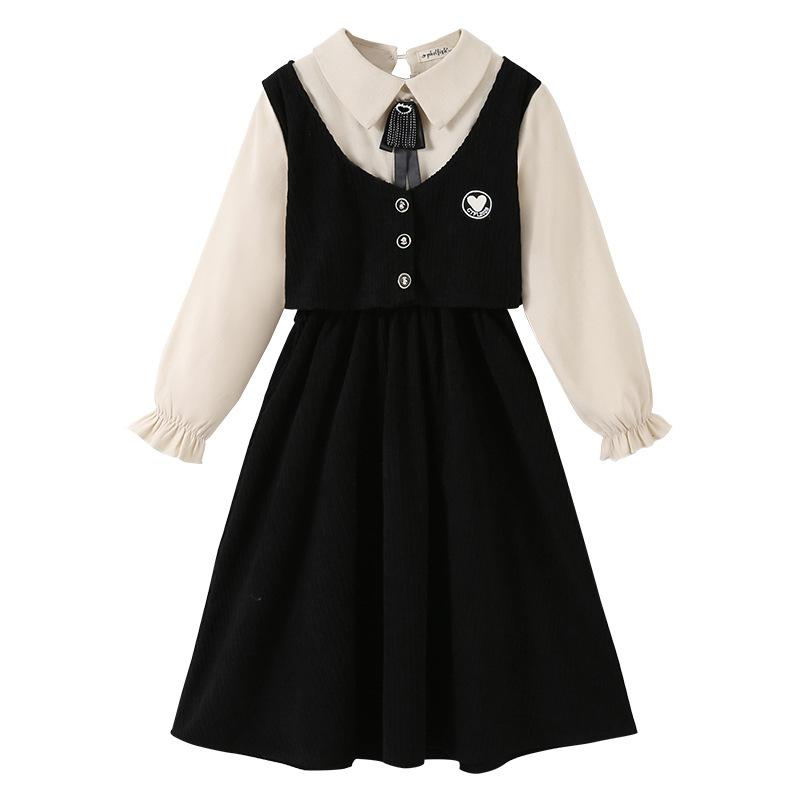 

Платье с длинными рукавами для девочек, имитация двухсекционного платья принцессы в стиле вестерн, осенняя юбка 2025 года в стиле колледжа для девочек, флисовая подкладка 130 чёрный