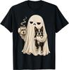 Grumpy Ghost Boston Terrier Holding Coffee Spooky Design T-Shirt