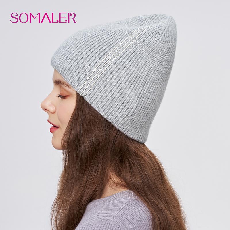 SOMALER Damen Winter Wollmütze Hochwertige Wolle Strickmütze mit Strass Dick Warm Doppellagig Outdoor Skull Caps