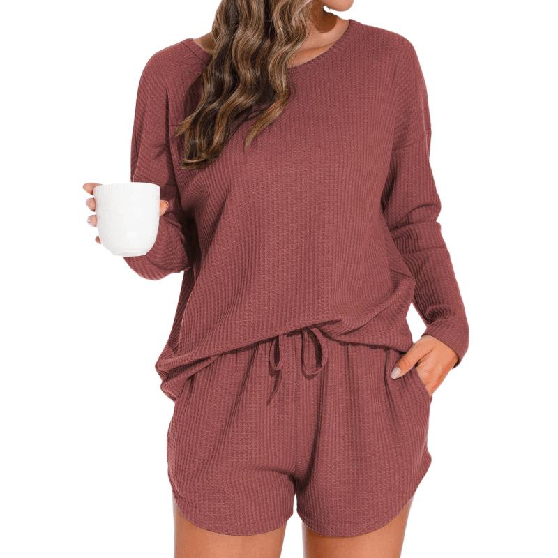 Waffle Knit Women's Long Sleeve Pajama Set with Shorts, Casual and Versatile for Outerwear
