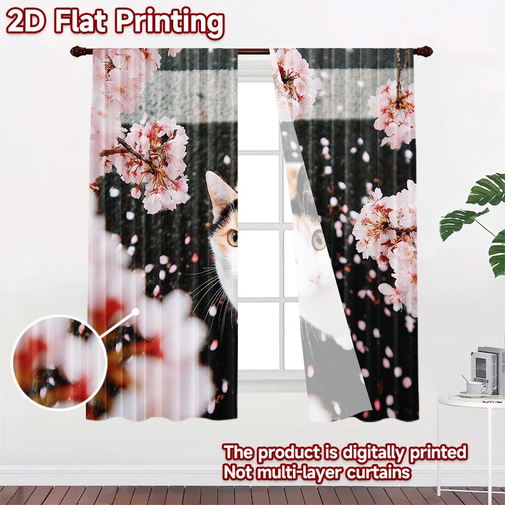 2D flat printing 2pcs Curtains Cat Cherry Blossoms Petals Digital Printed Polyester Drapes Family Party Decoration for Photo