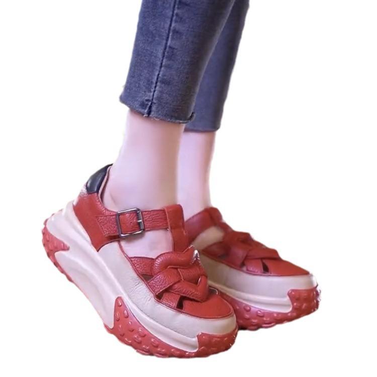 Dad shoes platform leather hollowed women's summer 2024 new retro lightweight inner height increase casual sneakers sandals