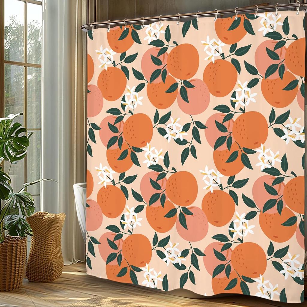 Miyotaa Orange Frukt Duschdraperi Set 60B x 71H Tum Söt Citrus Gröna Blad Fräsch Polyester Vattentätt Tyg Badrumsdraperi
