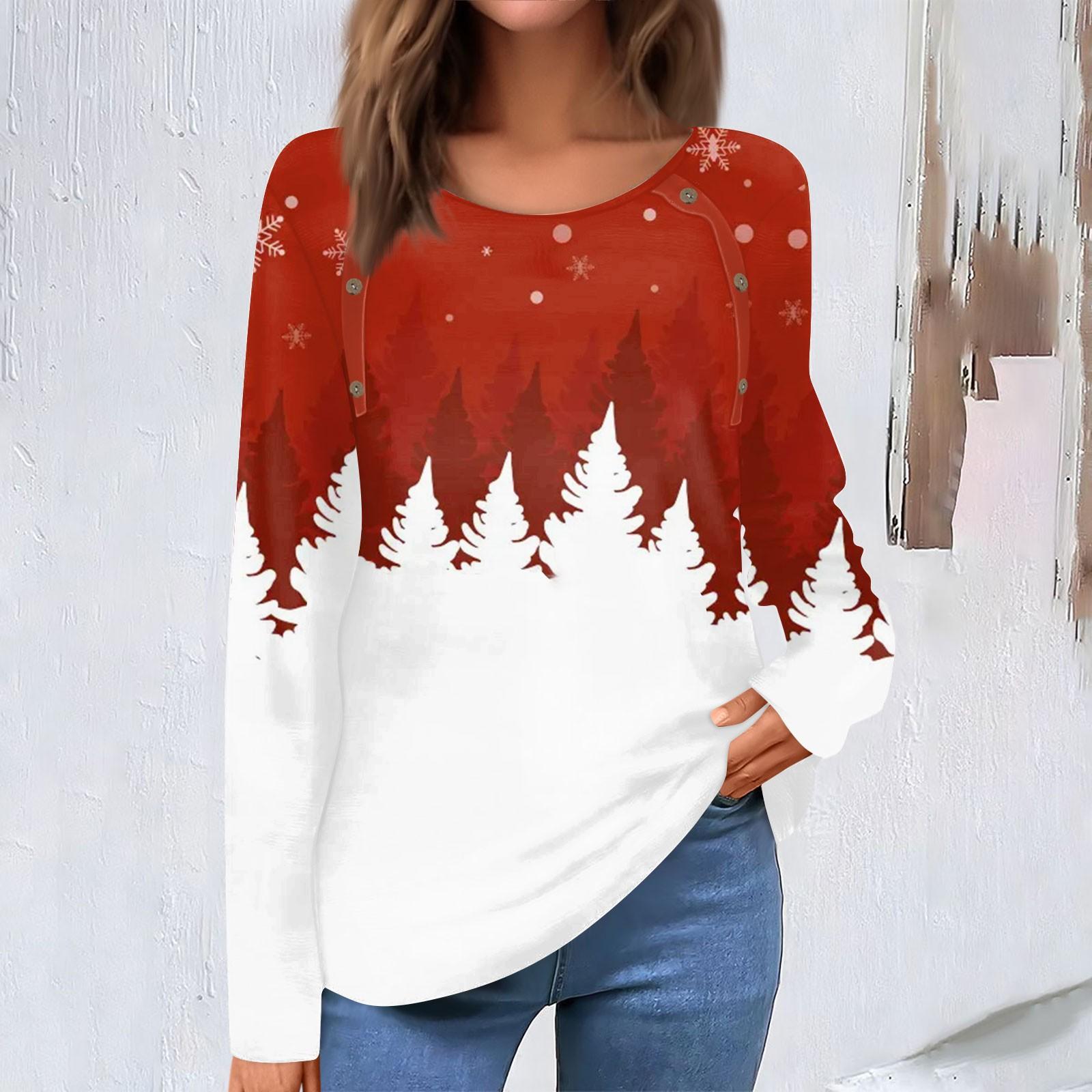 

Women s Fashion Casual Round Neck Long Sleeve Christmas Print Button Decorated T-Shirt Top L білий