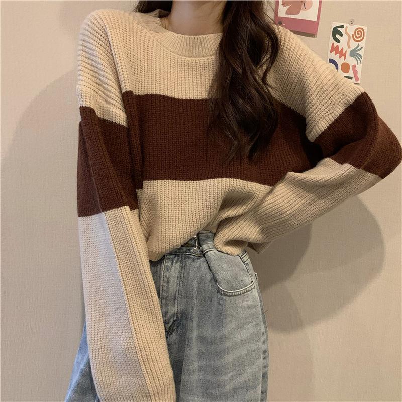 Autumn and Winter Retro Style Short Color Matching Crew Neck Pullover Sweater Women's Loose Lazy Style Versatile Striped Long-sleeved Knitted Sweater
