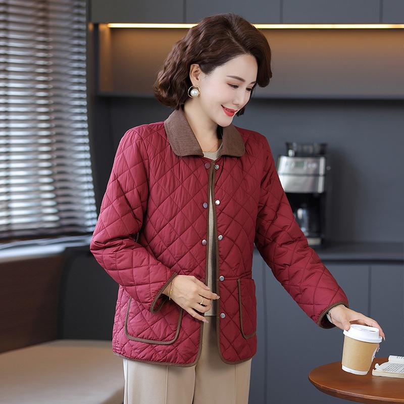 

Зимова легка бавовняна куртка з ромбовидним візерунком для мами - Стильне коротке пальто для жінок середнього та похилого віку XL: 90-110 jin вина червоного кольору