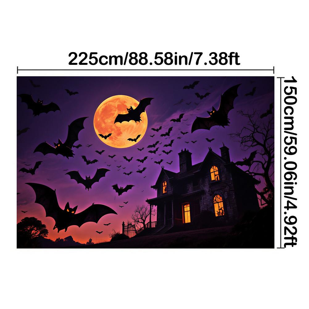 With Castle,Bats,Full Moon Elements-Halloween Backdrop Tapestry for Photo Booth,Party Event,Holiday Celebration,Wall Decor
