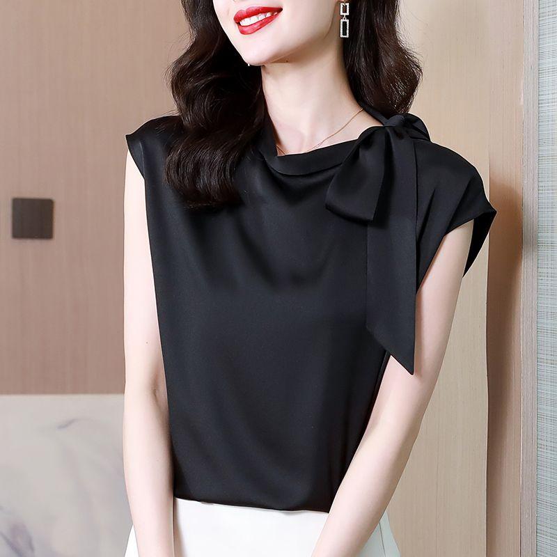 Black Chiffon Summer Blouse Women Sleeveless Bow Tie Slim Fit Casual Elegant Stylish Top