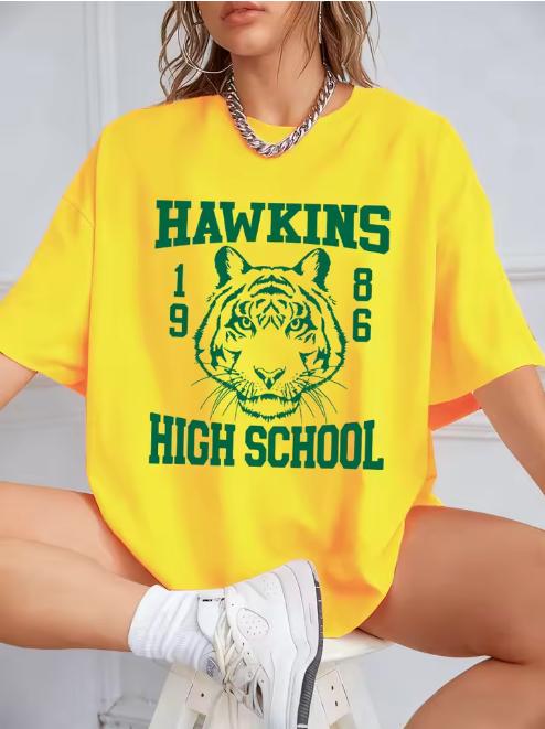 Hawkins High School Prints Cotton Tshirts Unisex Summer Short Sleeve Tops Street Oneck Oversized T Shirt Casual Unisexs Clothes