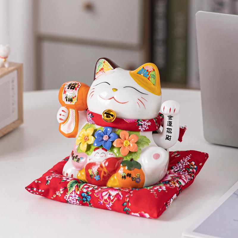 7 Zoll Keramik Glückskatze Ornament Blume Glückskatze Maneki Neko Statue Winkende Hand Winkende Katze Figur Mittelpunkt