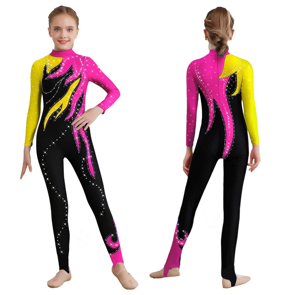 Salopetă de gimnastică pentru fete, cu blocuri de culoare, gât fals, mâneci lungi, body cu strasuri strălucitoare, leotard pentru tot corpul