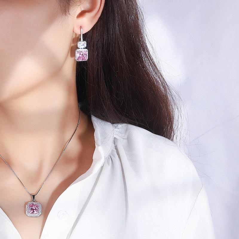Simulation Pink Diamond Pendant, Stud Earrings, Necklace, Women'S Colorful Treasure Set, Main Stone 10 * 10