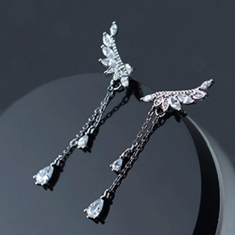 100% 925 Silver Fashion Shiny Crystal Angel Wings Ladies`Long Drop Earrings Women Jewelry Female Christmas Gift Cheap