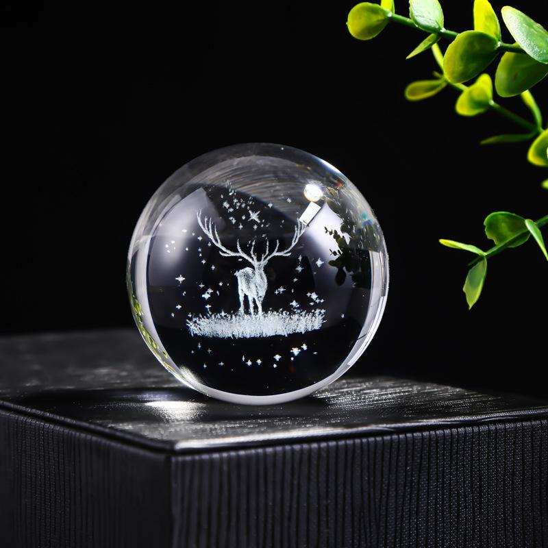 60mm 3D Crystal Ball Laser Engraved Glass Ornaments Animal Figurine Collectibles Paperweight Home Art Decor with Stand