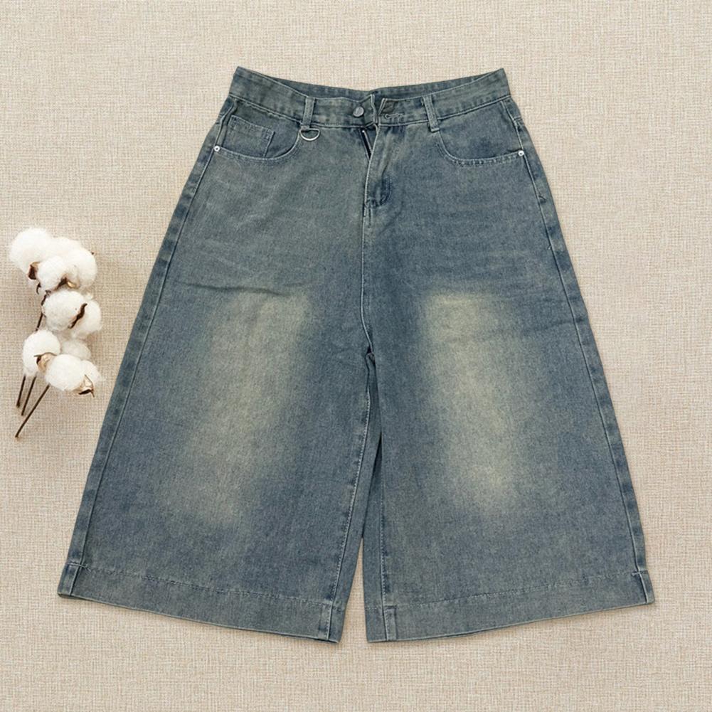 Men Cropped Jeans Mid-rise Wide-Leg Denim Pants with Pockets Button Zipper Closure Retro Washed Mid-calf Jeans
