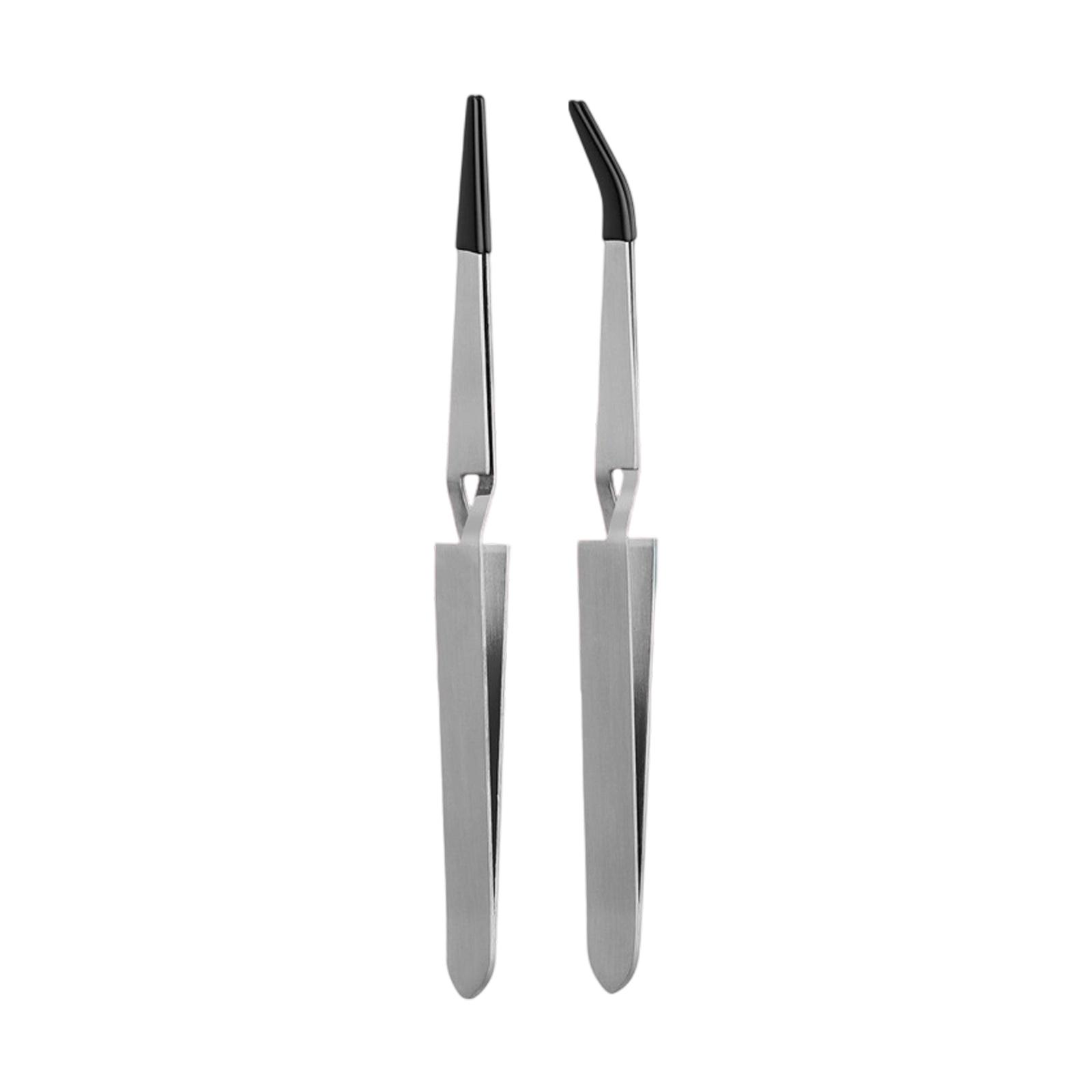 

2Pcs Reverse Tweezers With Rubber Tip Flat Angled Tweezers Metal Sticker Tweezers for Repair Jewellery Accessories срібний