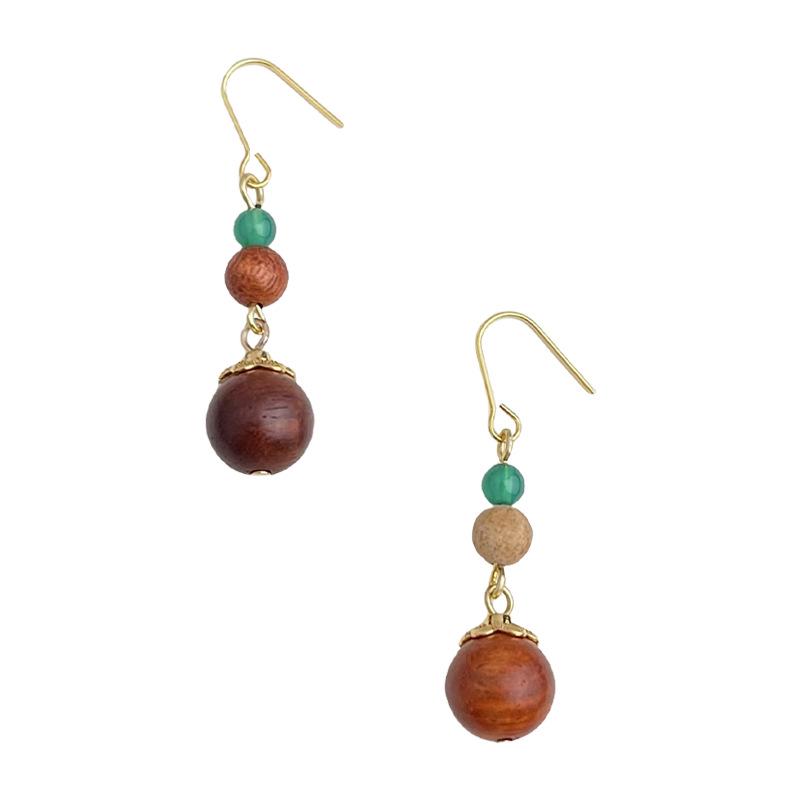 Boucles d'oreilles en bois faites à la main avec des perles d'agate verte naturelle - Style ethnique rétro