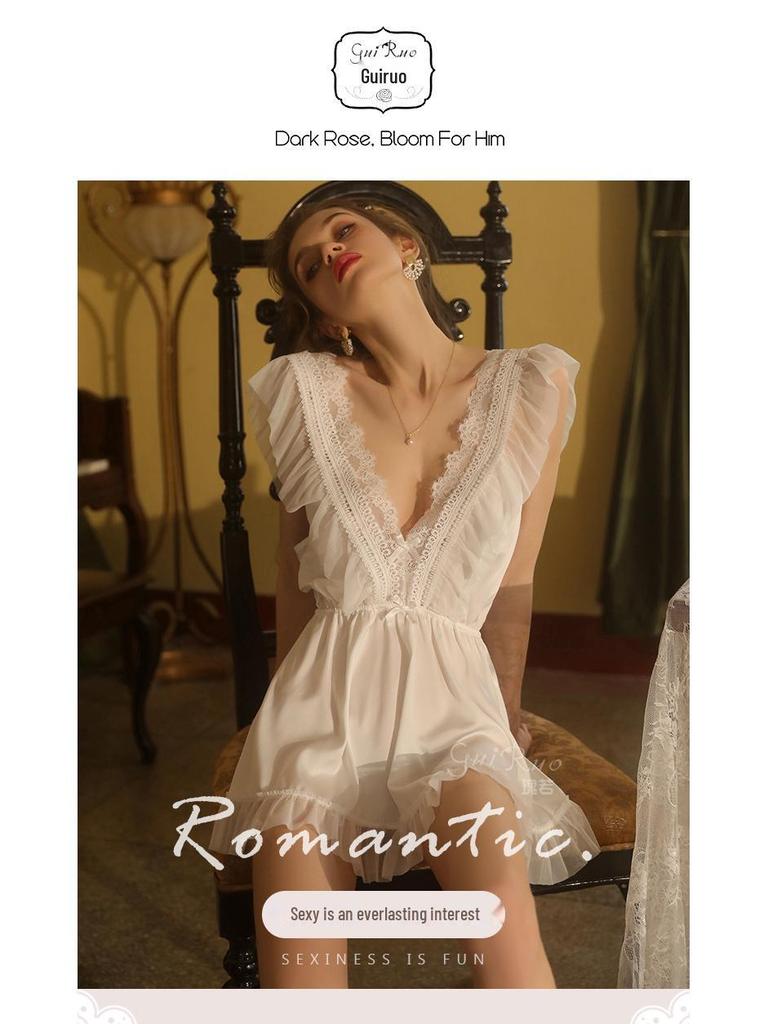 Guiruo Sexy Deep V Nightgown & Backless Camisole Set 