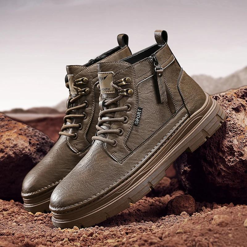 

2025 зимняя мужская повседневная обувь однотонные удобные ботильоны для активного отдыха износостойкие нескользящие высокие спортивные мужские ботинки 39 хаки