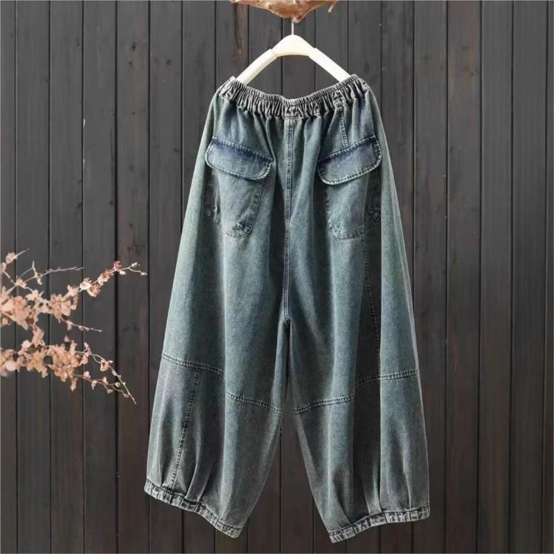 Johnature Women Wide Leg Pants Elastic Waist Patchwork Pockets Spring Loose Casual Vintage Pants