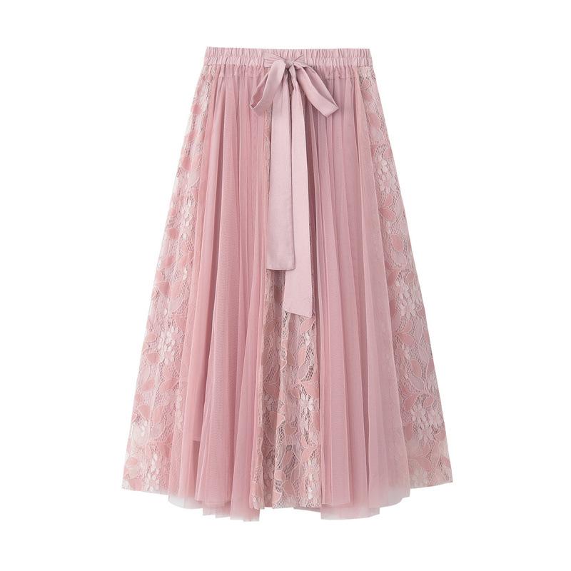 Spring New Style All-match Bow Tie High Waist Lace Embroidered Stitching Mesh Skirt Princess Style Tutu Skirt