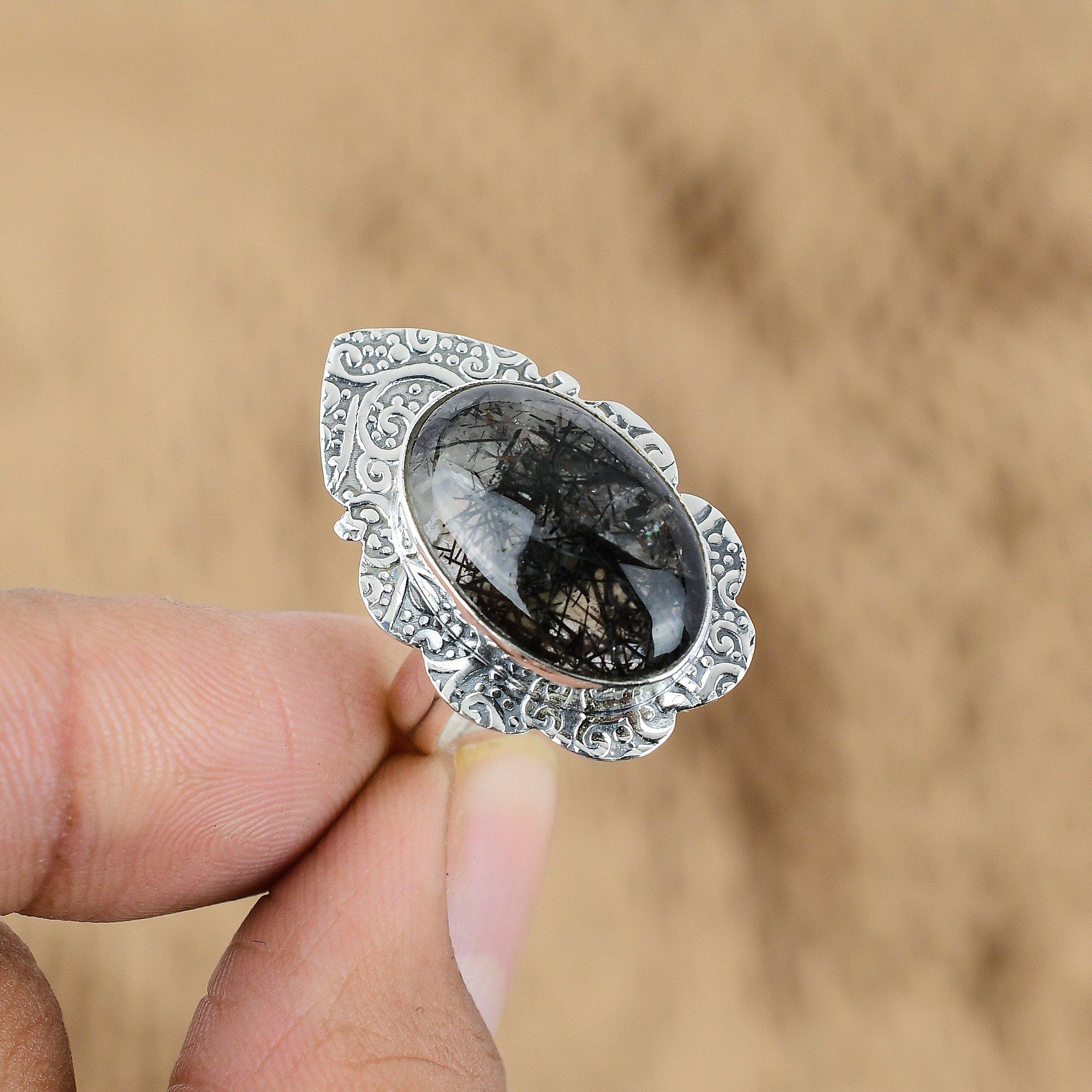 

Mothers day Deal Sterling Silver Oval Black Rutile Stone Promise Ring Jewelry Yes