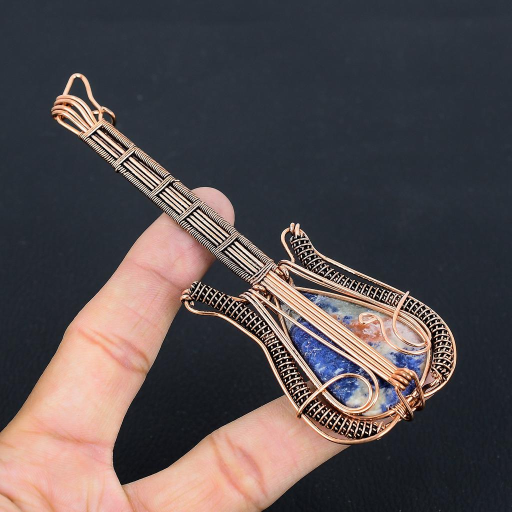 Natural Sodalite Gemstone Handmade Copper Wire Wrap Guitar Pendant 4.53 s6U81