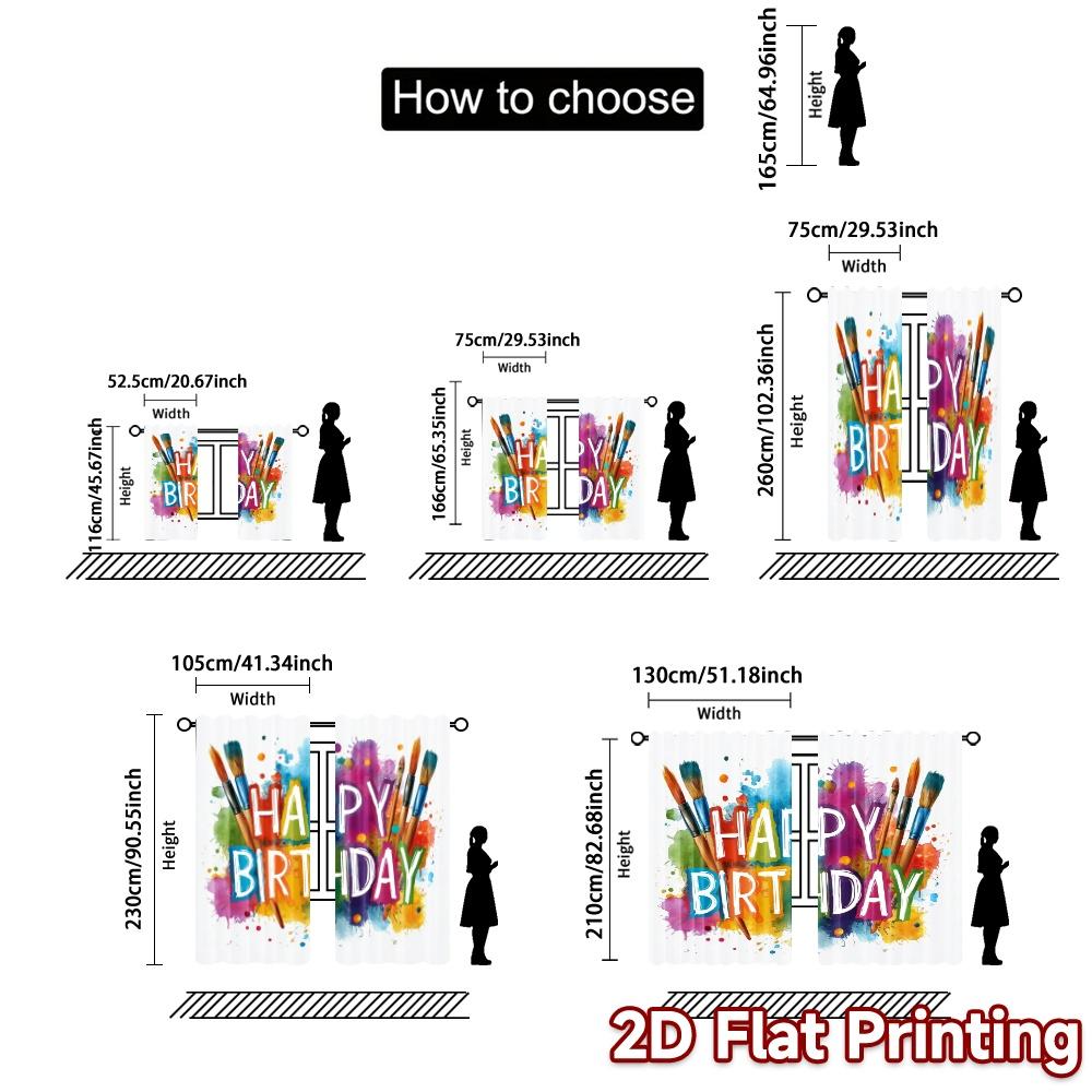 2pcs, 2D FLAT PRINTING Curtains (Without Rod) BirthdayPalette Fashionable Chic Curtains Versatile 100% Polyester Curtains