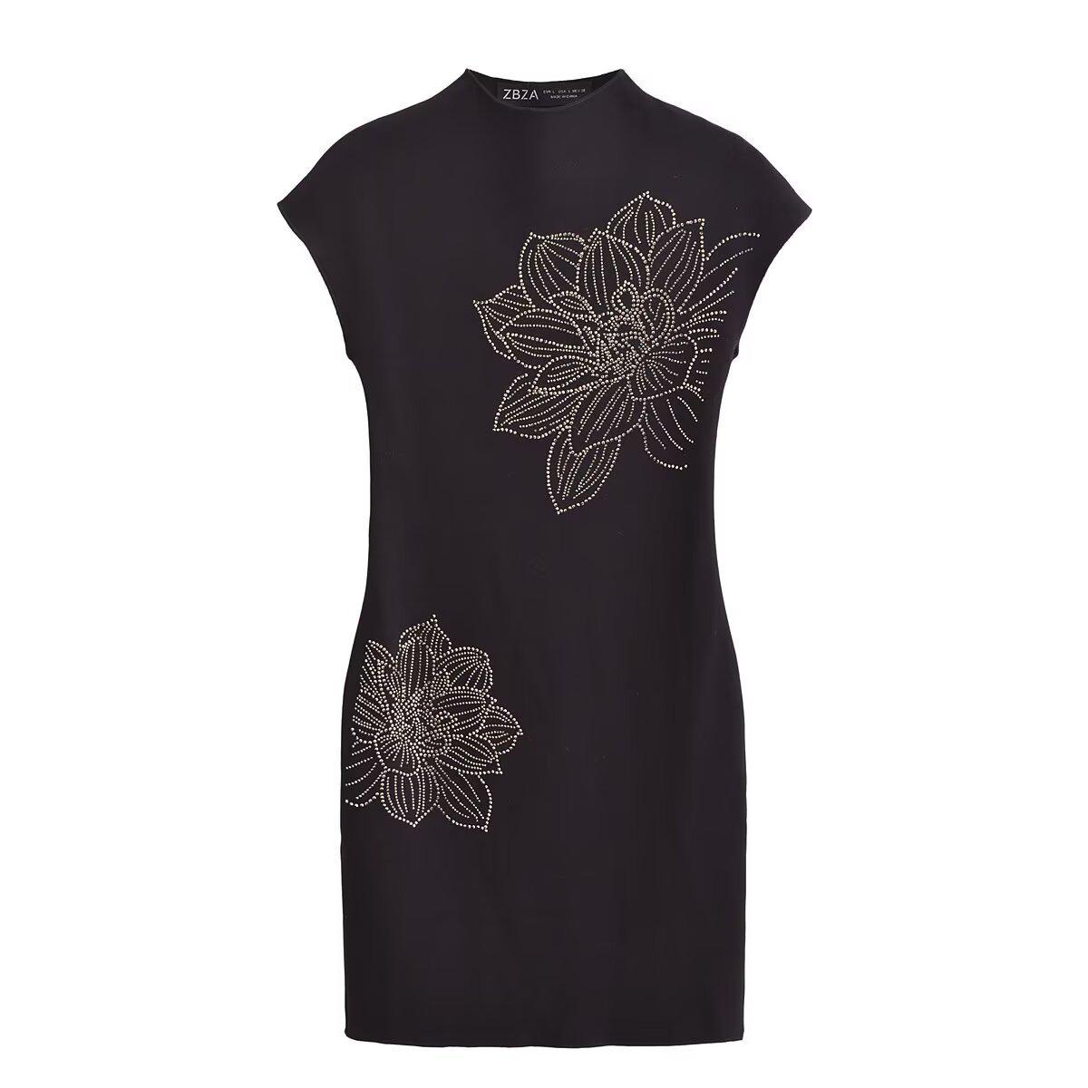 

2024 Зимнее женское платье мини в европейском и американском стиле с пайетками, полувысоким воротником и короткими рукавами Medium чёрный