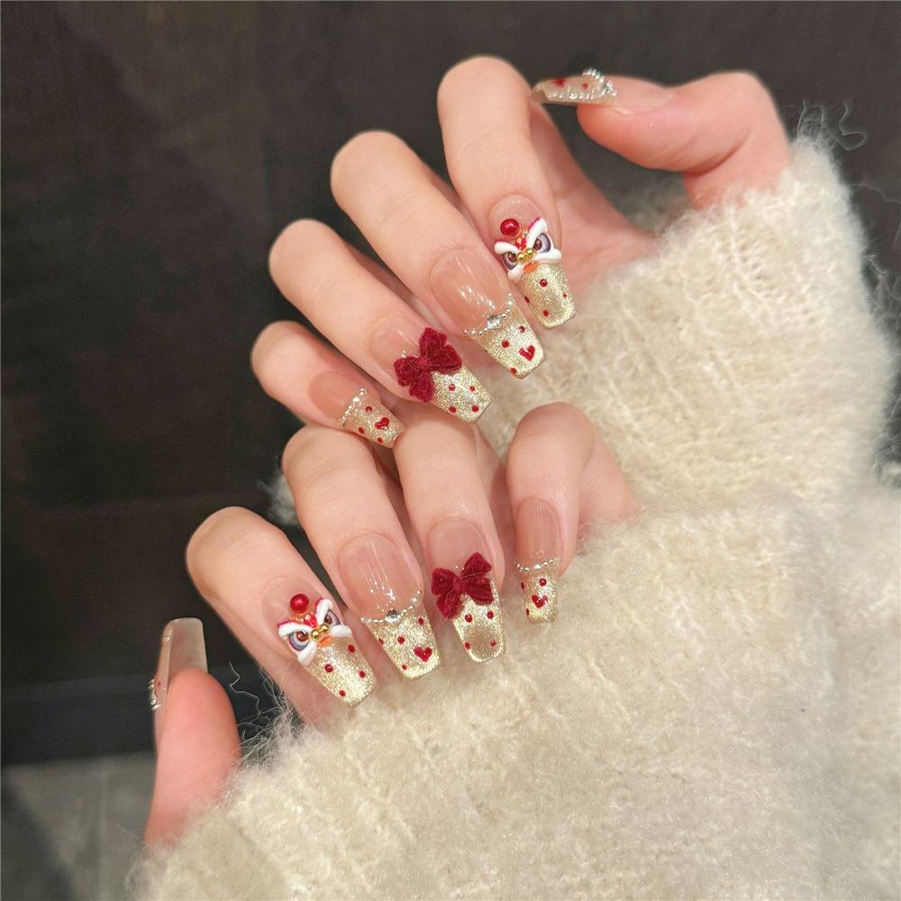 10Pcs Waking Lion Girl Press On Nails New Year's Artificial Nails Finger Manicure  for Women & Girls