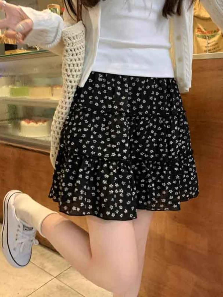 Kwiatowa Spódnica A-Line w Grochy - Damska Letnia 2025 Elastyczny Pas Krótka Spódnica Petite